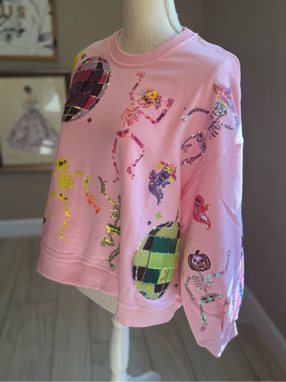 New! QUEEN OF SPARKLES Pink Neon Sequin Disco Skeleton Sweatshirt - Picture 5 of 12